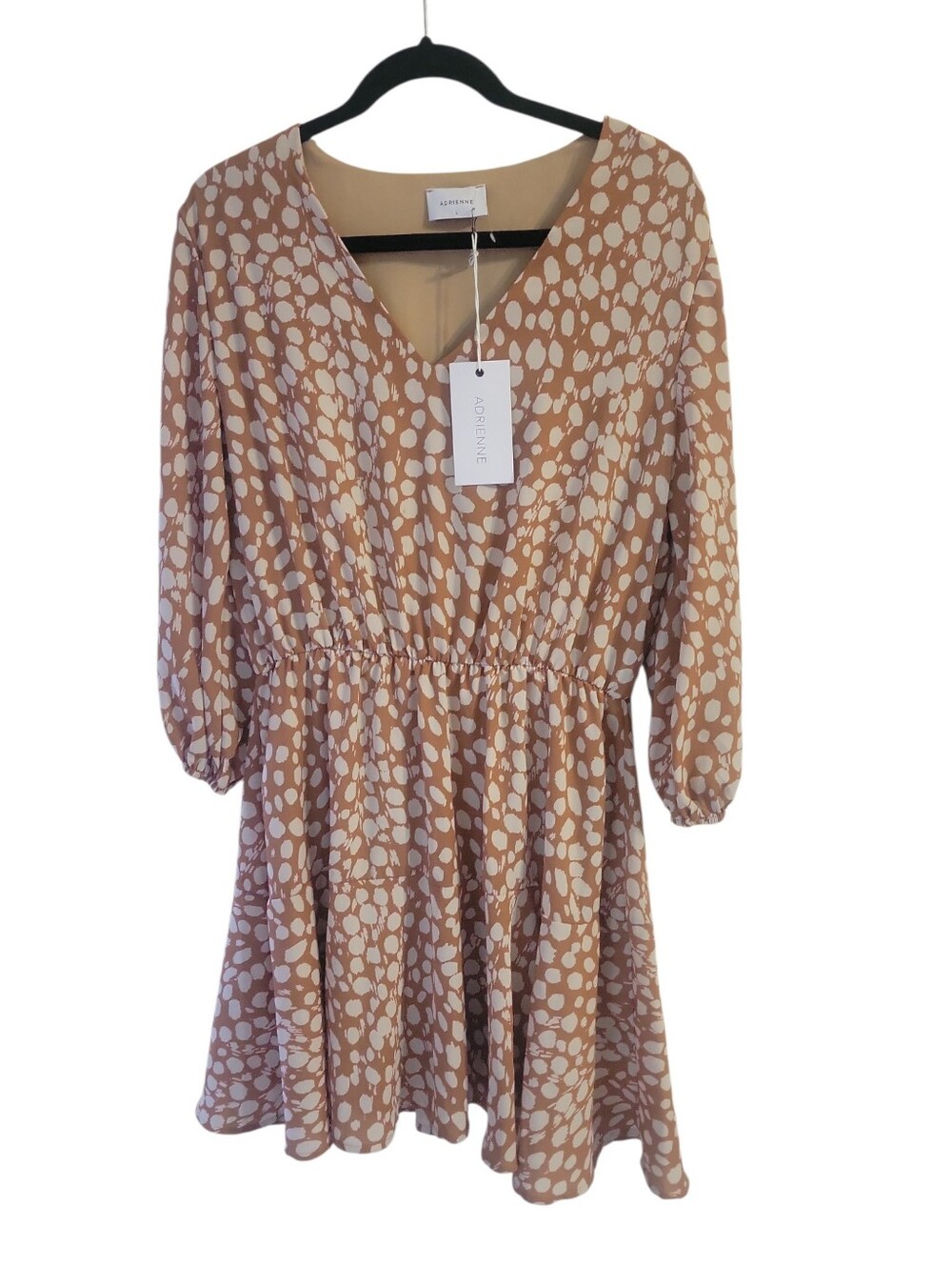Adrienne Beige & Cream 3/4 Sleeve V-Neck Polka Dot  Smock Elastic Waist Dress L